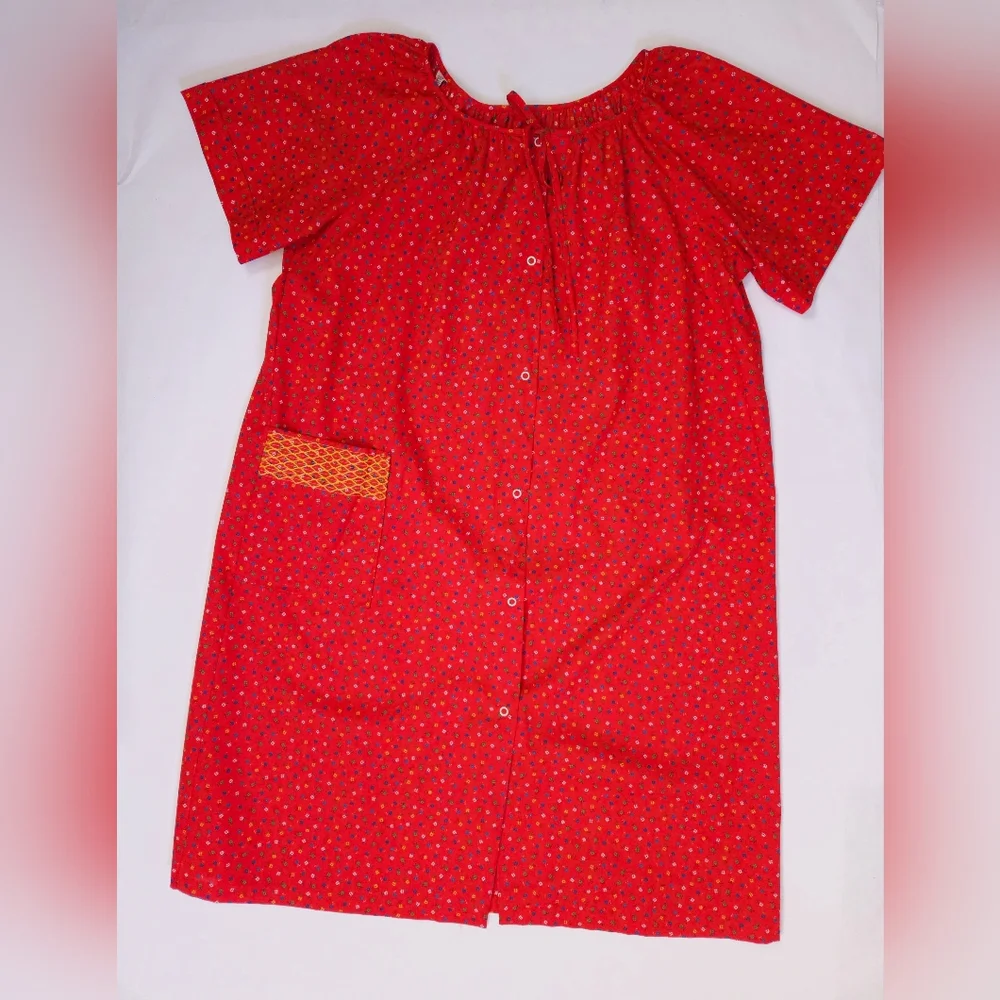 Vintage 80s Red Floral Snap Smock Craft House Dress Apron Womens Large - Picture 7 of 14